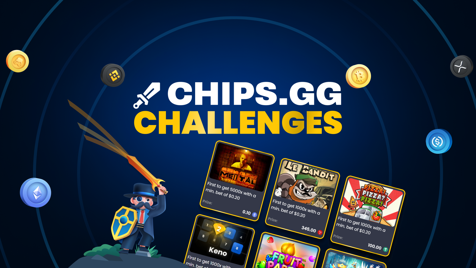 Chips.gg game challenges ad with prizes, the chips mascot, and crypto icons.