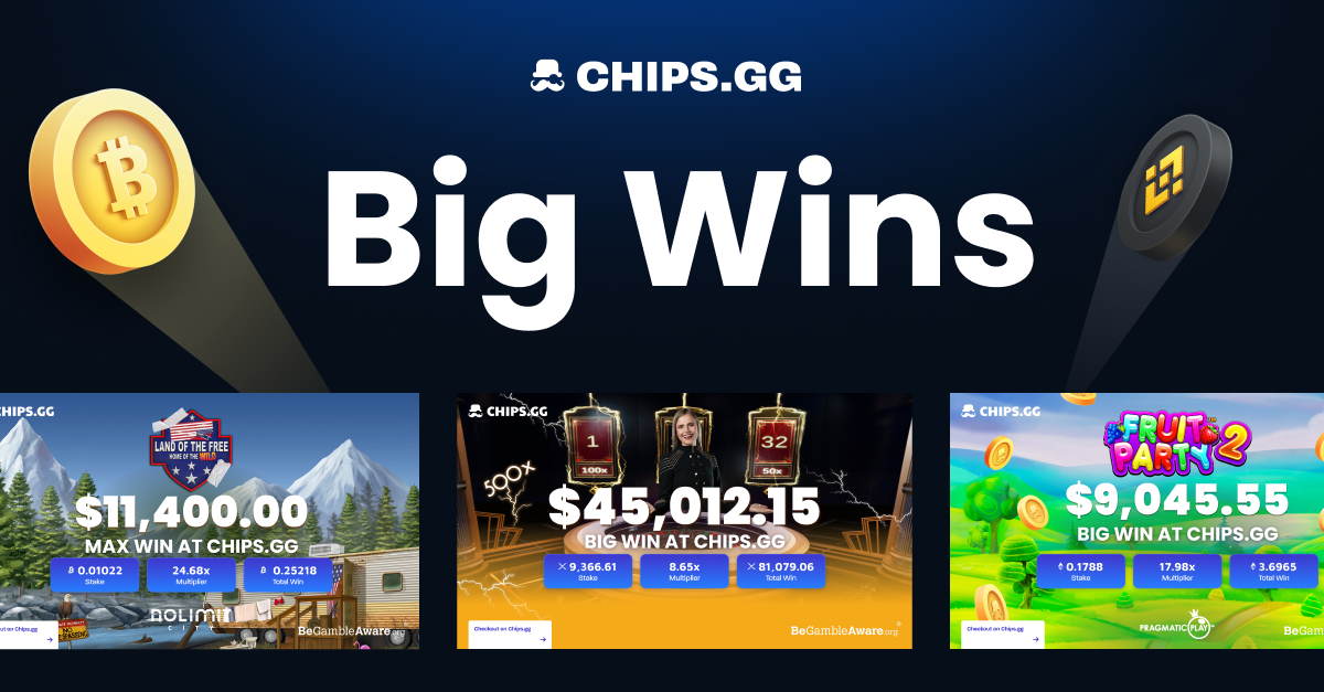 Banner showing February's top crypto wins at Chips.gg, with Bitcoin symbol and 'Big Wins' text.