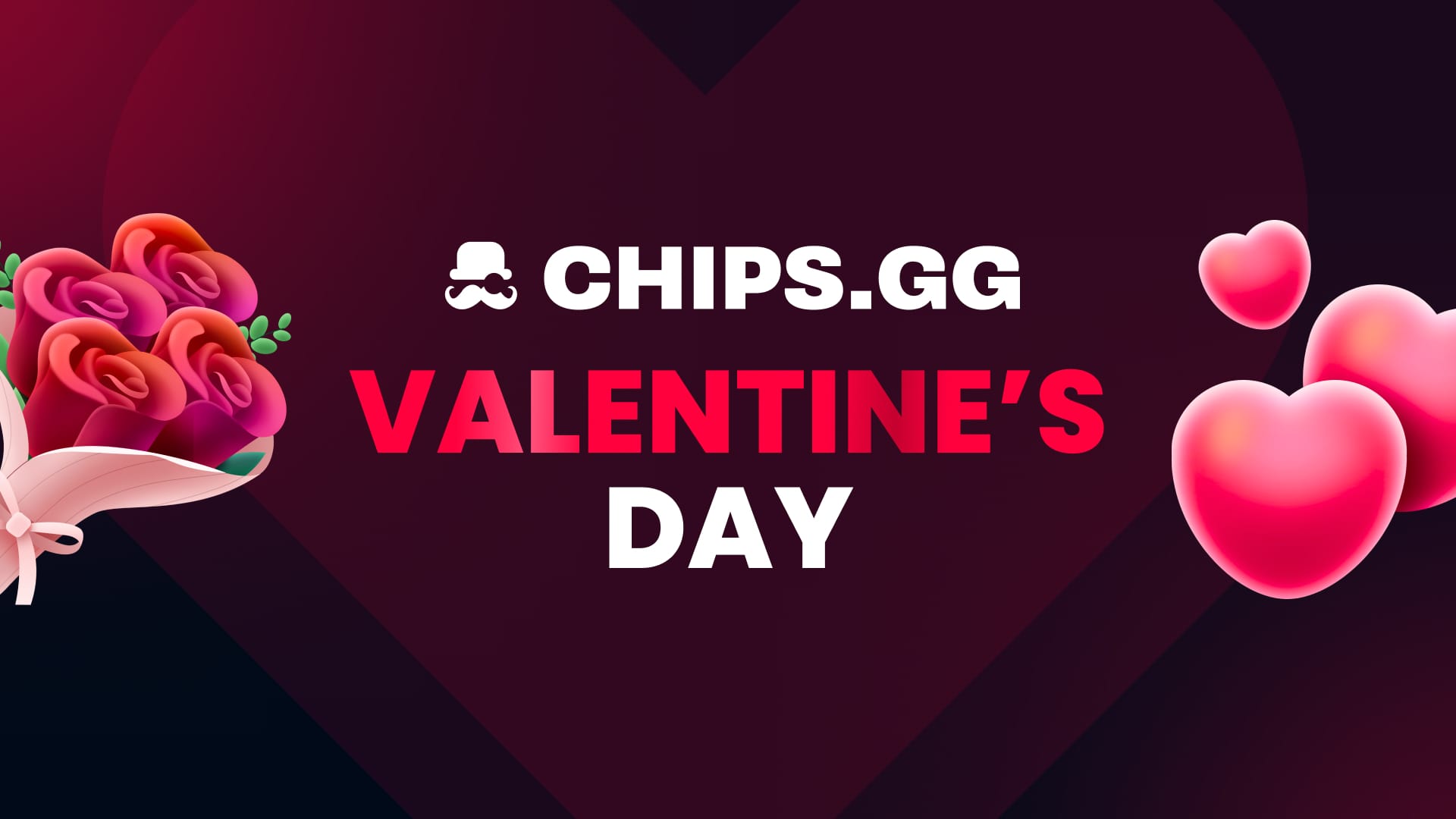 Chips.gg Valentine's Day promo banner with hearts and roses, announcing a $1000 Points Race.