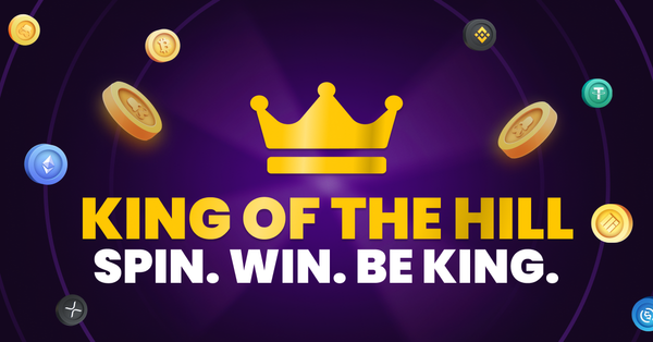 Game promo with a golden crown and the motto 'SPIN. WIN. BE KING.', surrounded by crypto coins on purple.