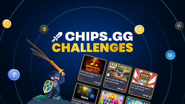 Chips.gg game challenges ad with prizes, the chips mascot, and crypto icons.