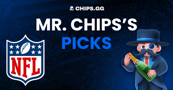 Mr. Chips in a suit holding a champagne bottle with NFL logo and 'MR. CHIPS'S PICKS' text over a football stadium background.