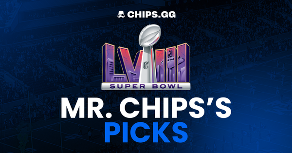 'Mr. Chips' Picks' with Super Bowl LVIII logo, football, and text over a packed stadium.