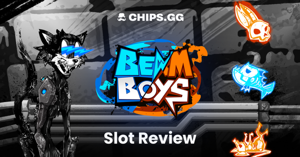 Review graphic for Beam Boys slot with a laser-eyed cyber cat, game icons, and CHIPS.GG logo.