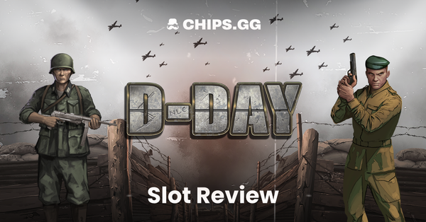 Promotional graphic for D-Day slot review on CHIPS.GG, featuring soldiers and warplanes with the game's logo.