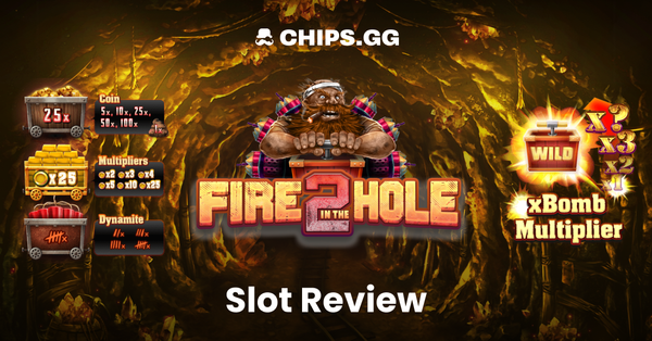 Promotional image for 'Fire in the Hole xBomb' slot game review on CHIPS.GG.