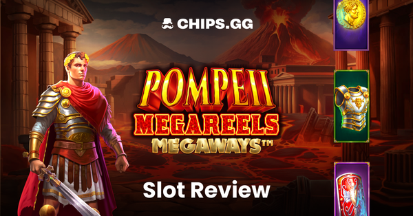 A promotional graphic for Pompeii Megareels Megaways slot review with a Roman soldier and erupting Vesuvius in the background