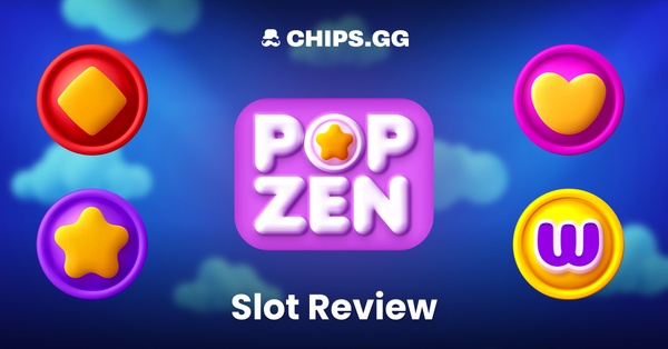 Promotional graphic for Pop Zen slot review on Chips.gg, featuring colorful Pop It-inspired icons on a blue backdrop.