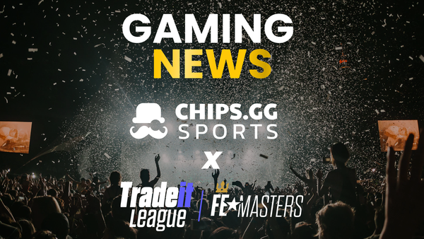 Crowd celebrating with 'Gaming News' banner, Chips.gg & Tradeit.gg League logos.