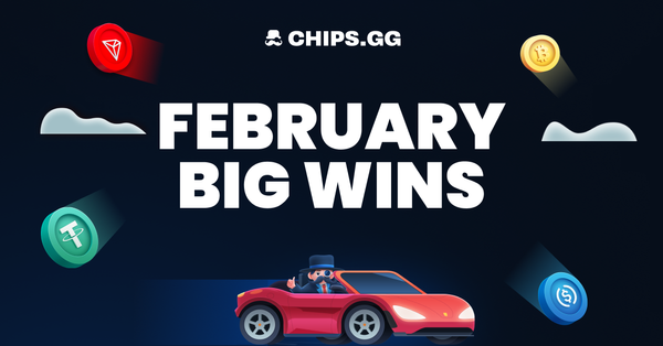 Chips.gg February wins promo with a character in a red car and crypto icons.
