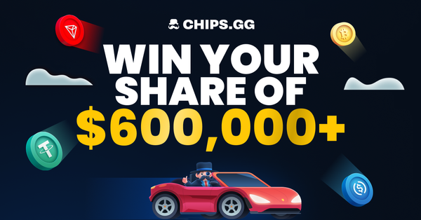 Promo ad with a character in a car and text: 'Win a share of $600,000+ at Chips.gg.