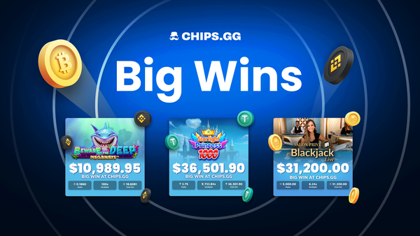 Chips.gg promotional banner showcasing three big win screens with Bitcoin and casino chips.