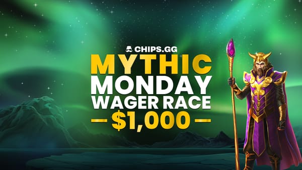 A wizard with a spear beside "Mythic Monday Wager Race - $1,000" text against a starlit sky.