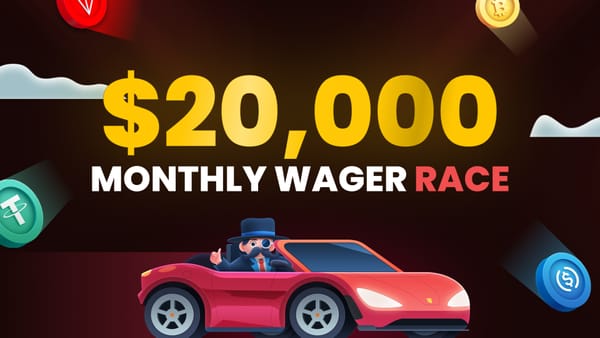 Mr. Chips in a red sports car promoting the $20,000 Monthly Wager Race.