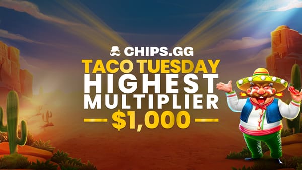 Animated man celebrates Taco Tuesday Slots at Chips.gg with a $1,000 prize.