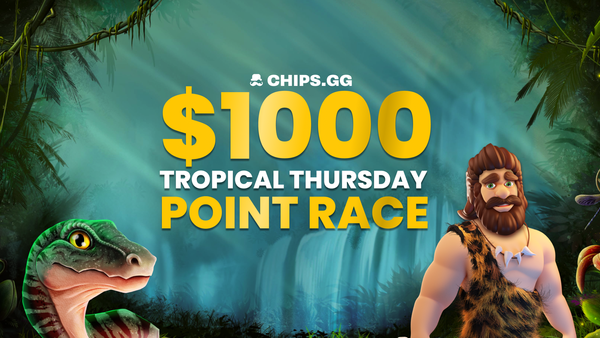 Promotional banner for Chips.gg's $1,000 Tropical Thursday Point Race featuring a cartoon caveman and gecko.