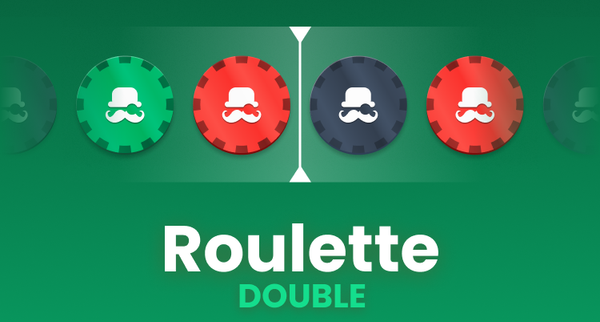 Roulette Double logo featuring green, red, and black chips with a top hat and mustache design against a green background.